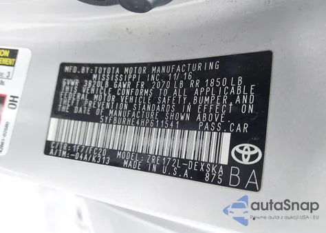 2017 Toyota Corolla Se Special Edition z USA, uszkodzony, nr VIN 5YFBURHE4HP611541